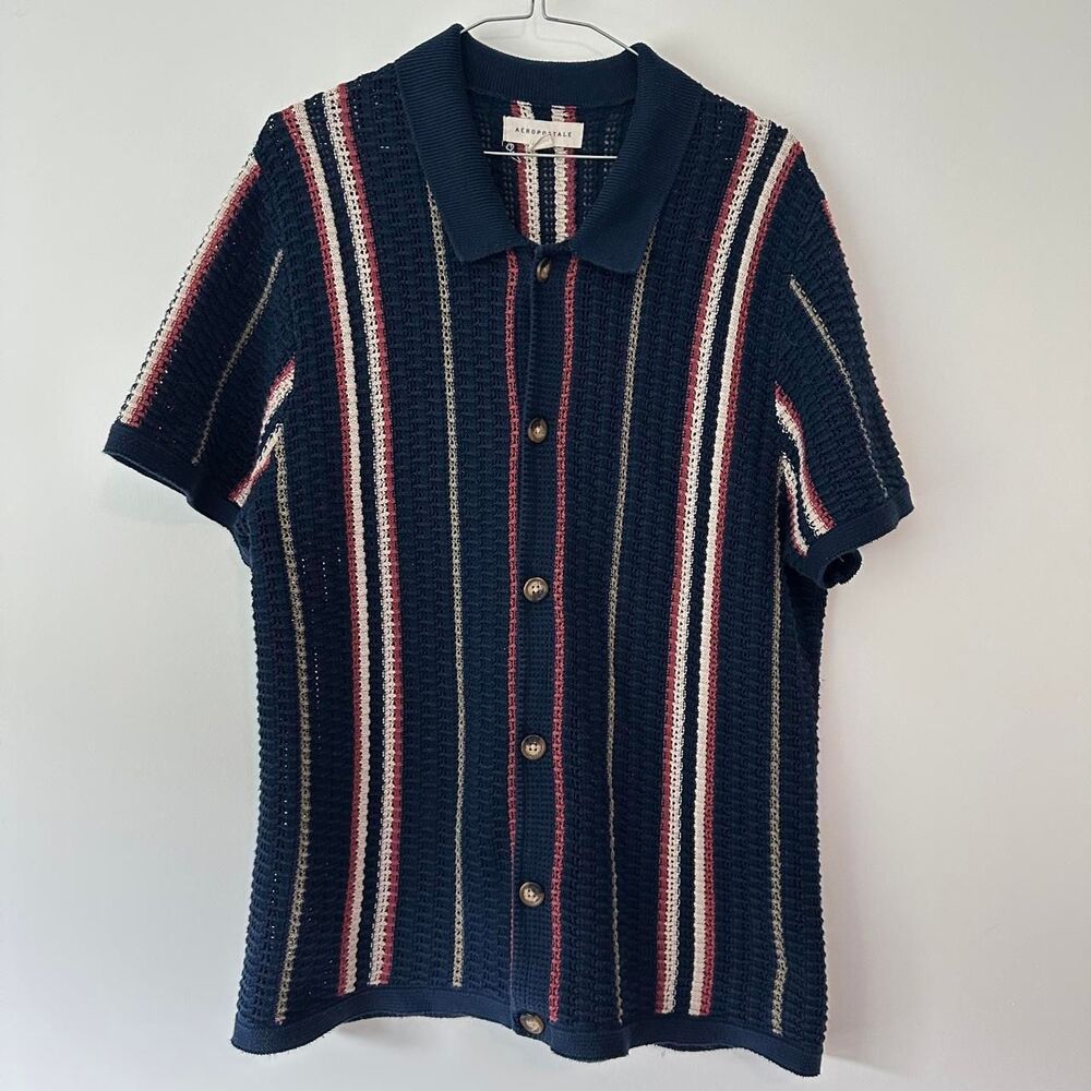 Aeropostale Vintage Style Crochet Knit Polo Short Sleeve Striped Button Sweater
